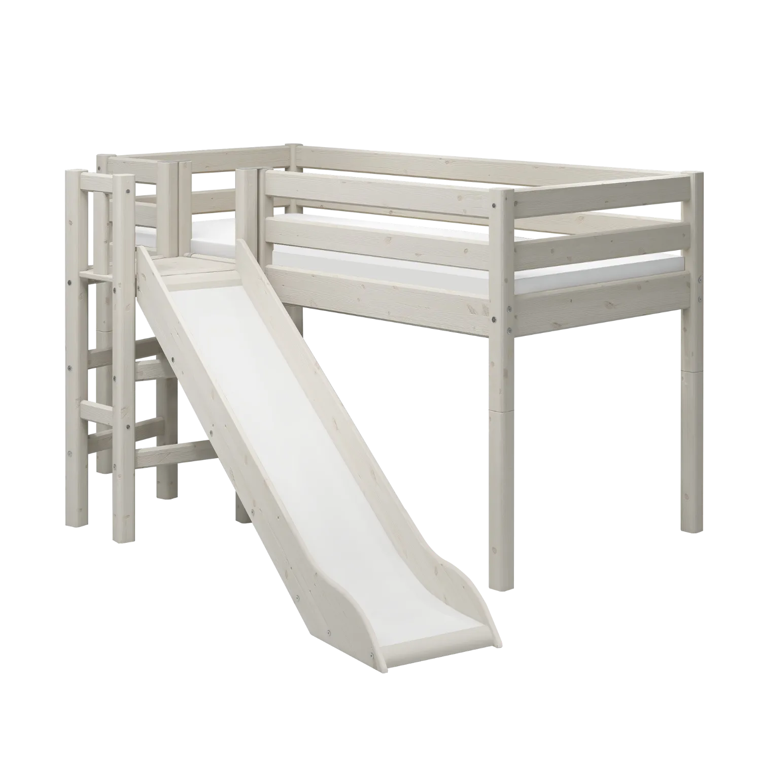 Mid-High Bed with Slide and Safety Rail, 90x200 cm, White