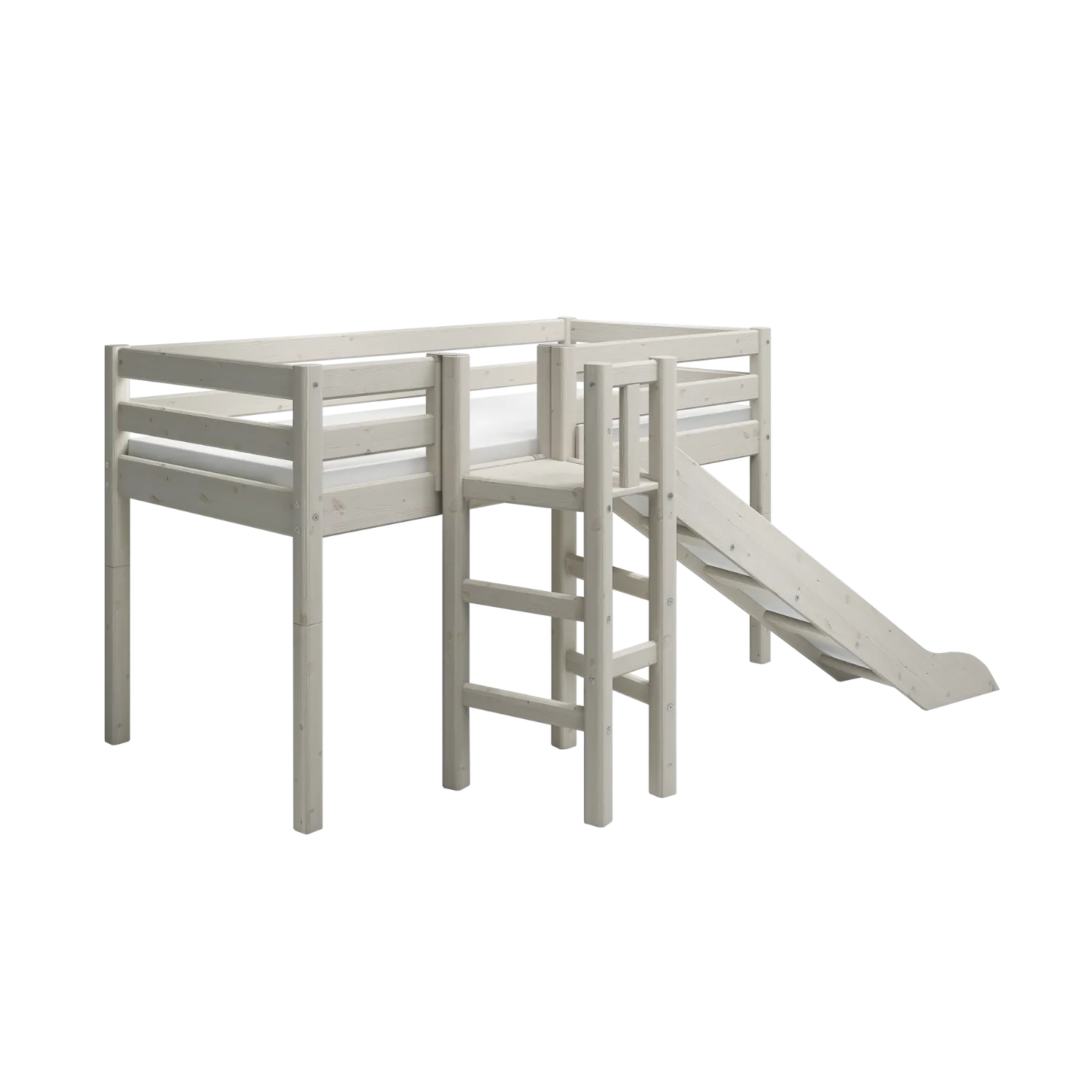 Mid-High Bed with Slide and Safety Rail, 90x200 cm, White