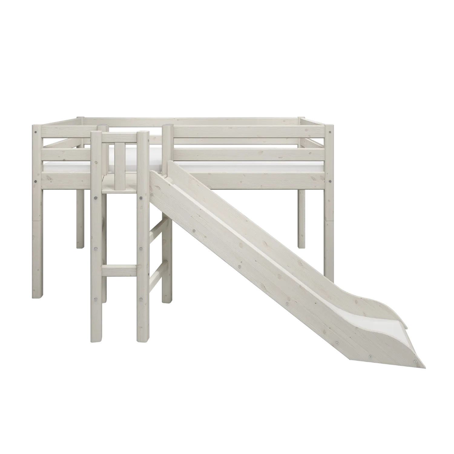 Mid-High Bed with Slide and Safety Rail, 90x200 cm, White
