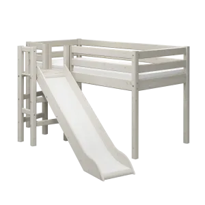 Mid-High Bed with Slide and Safety Rail, 90x200 cm, White