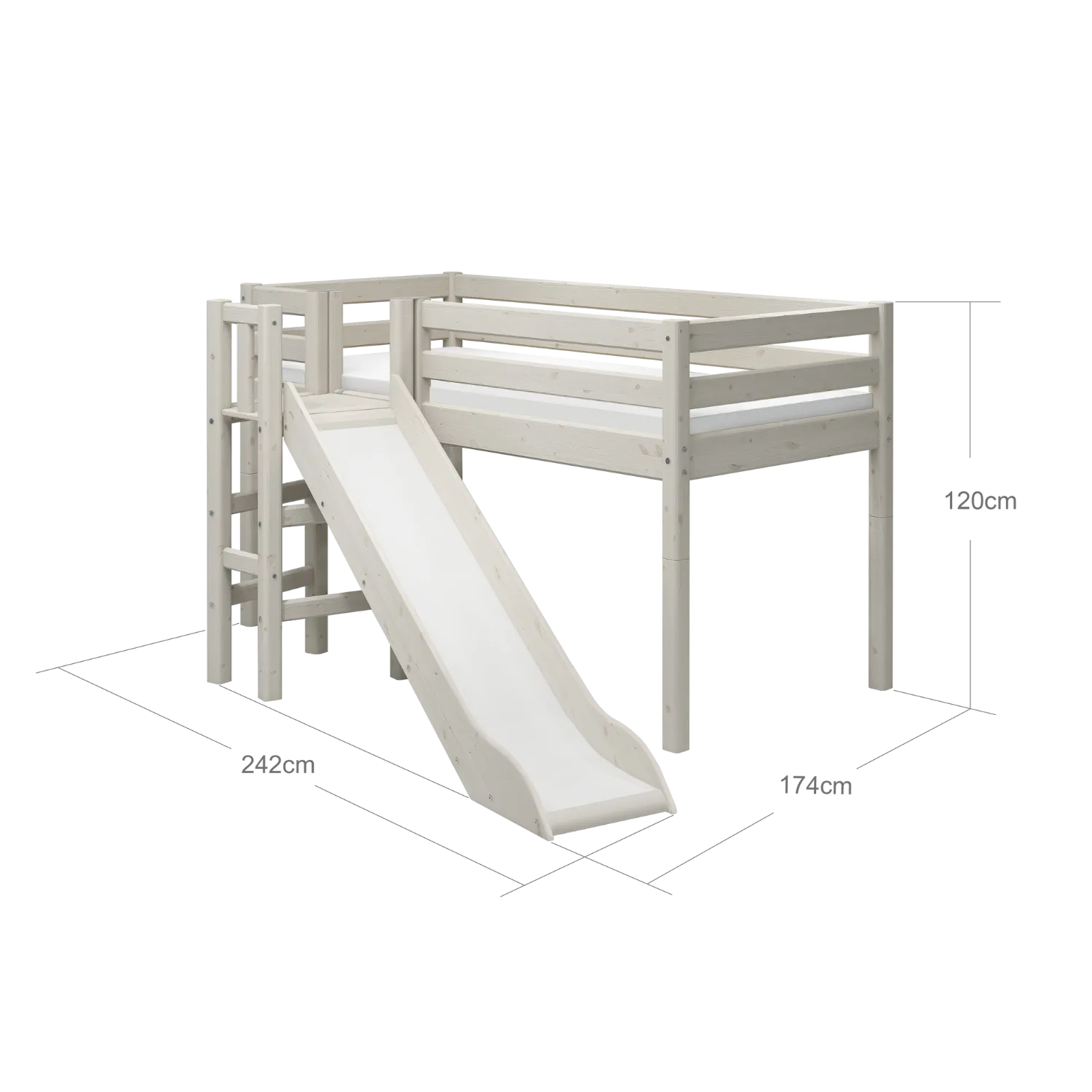 Mid-High Bed with Slide and Safety Rail, 90x200 cm, White