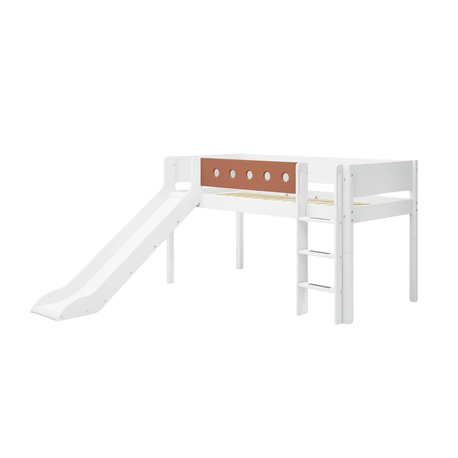 Mid-High Bed with Slide, Ladder and Safety Rail, 90x200 cm, White