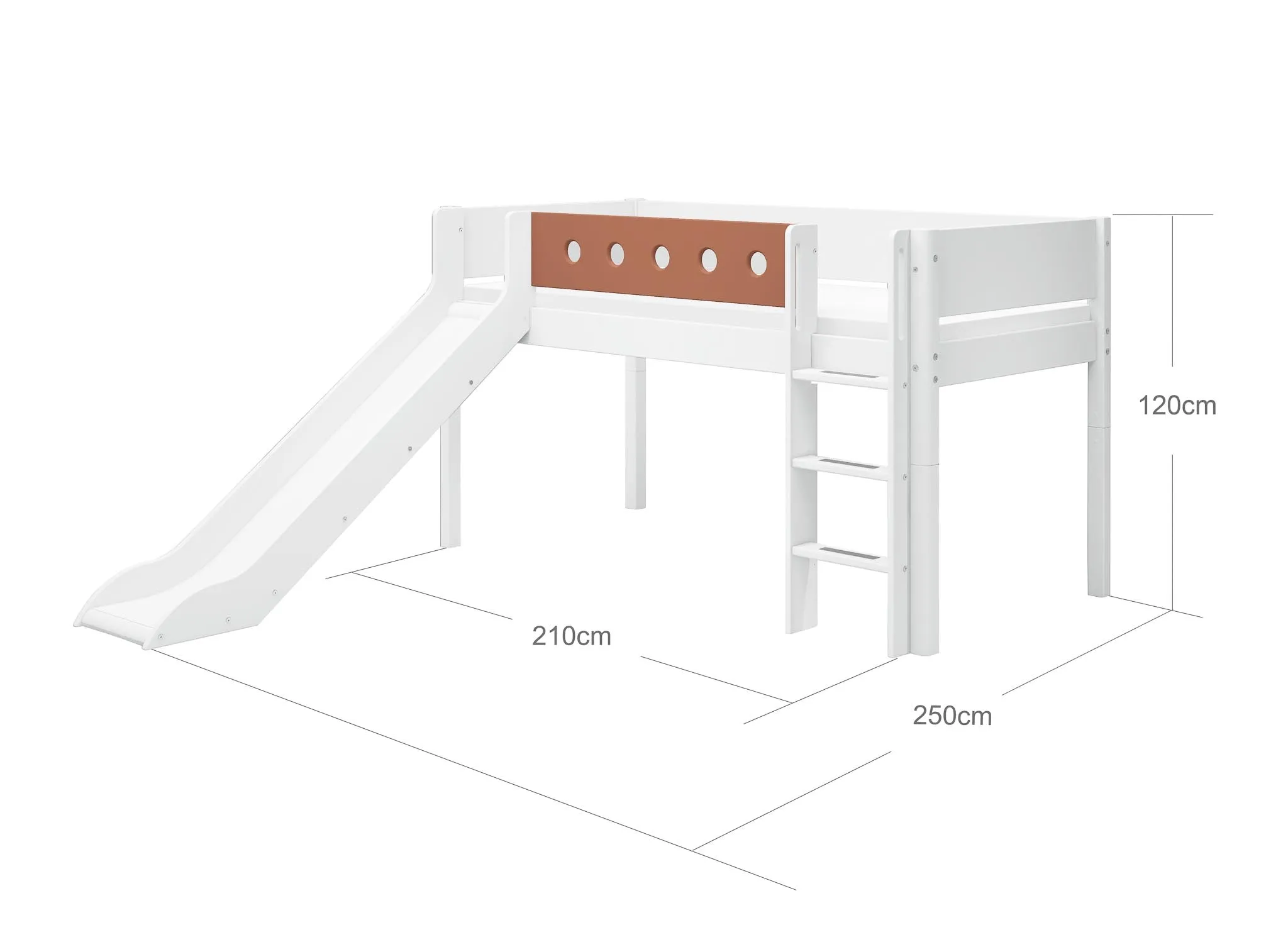 Mid-High Bed with Slide, Ladder and Safety Rail, 90x200 cm, White