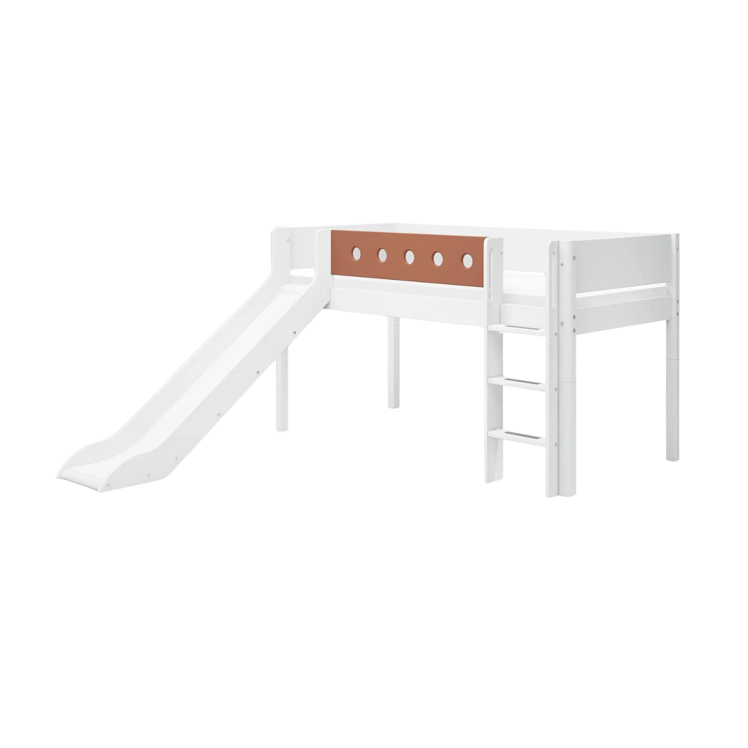 Mid-High Bed with Slide, Ladder and Safety Rail, 90x200 cm, White