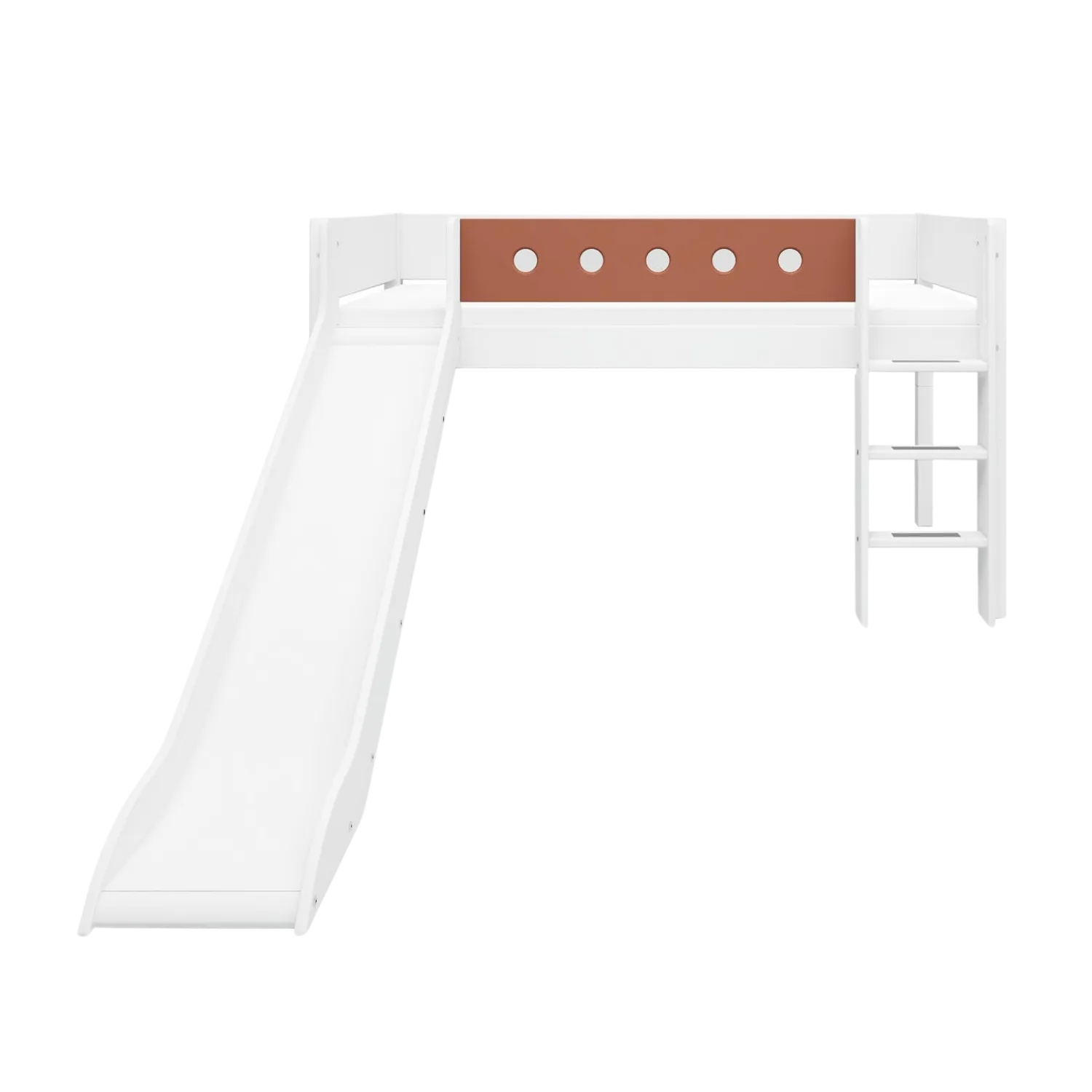 Mid-High Bed with Slide, Ladder and Safety Rail, 90x200 cm, White