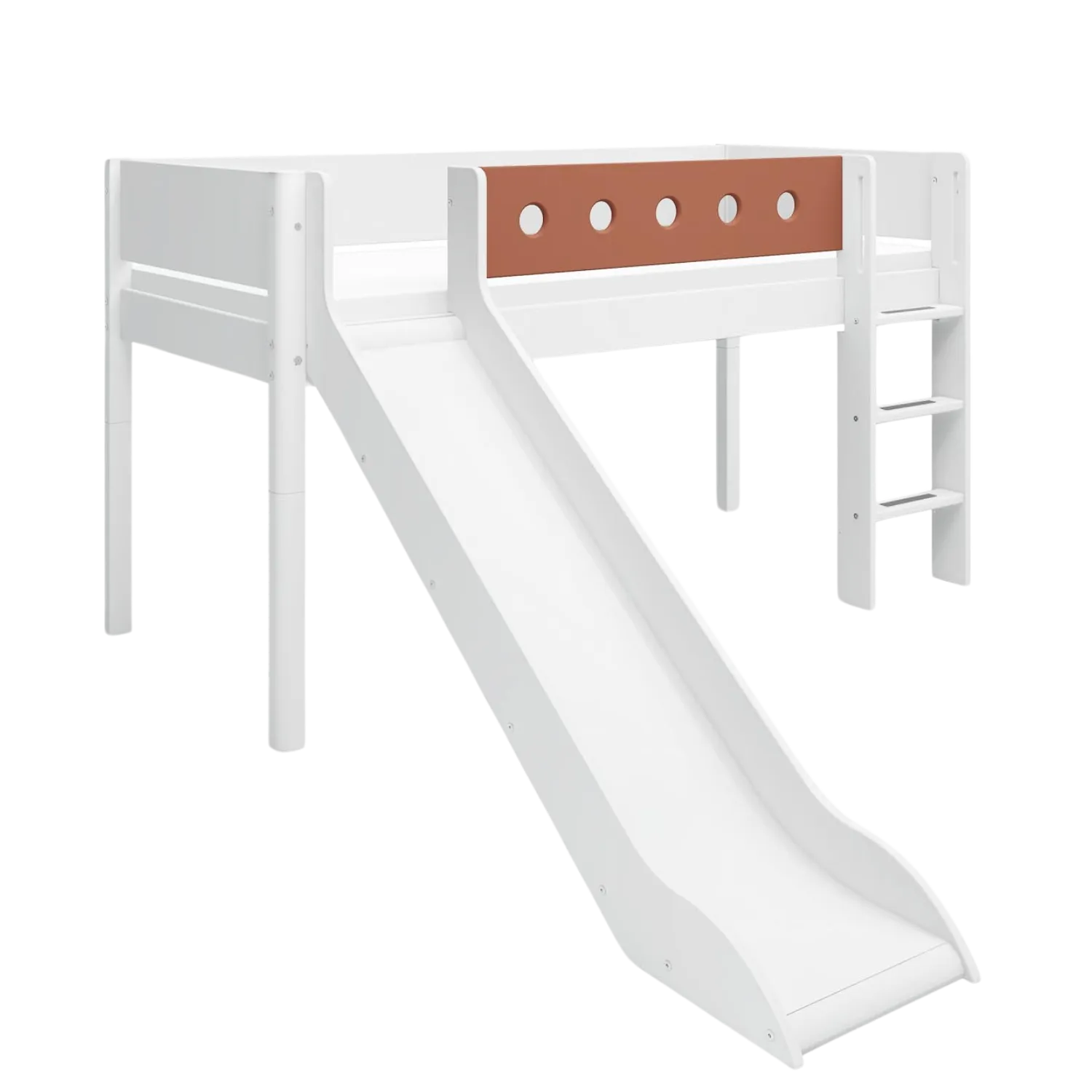 Mid-High Bed with Slide, Ladder and Safety Rail, 90x200 cm, White