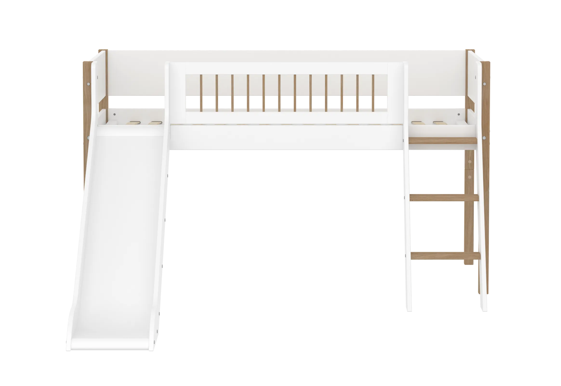 Mid-High Bed with Slide, Ladder and Safety Rail, 90x200 cm, White/Oak