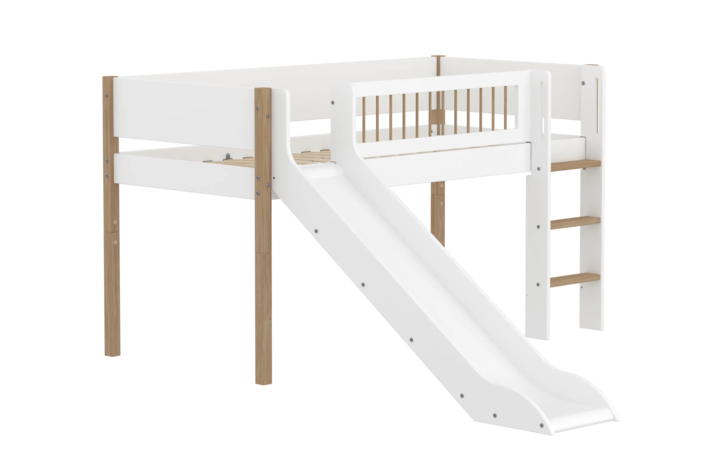 Mid-High Bed with Slide, Ladder and Safety Rail, 90x200 cm, White/Oak