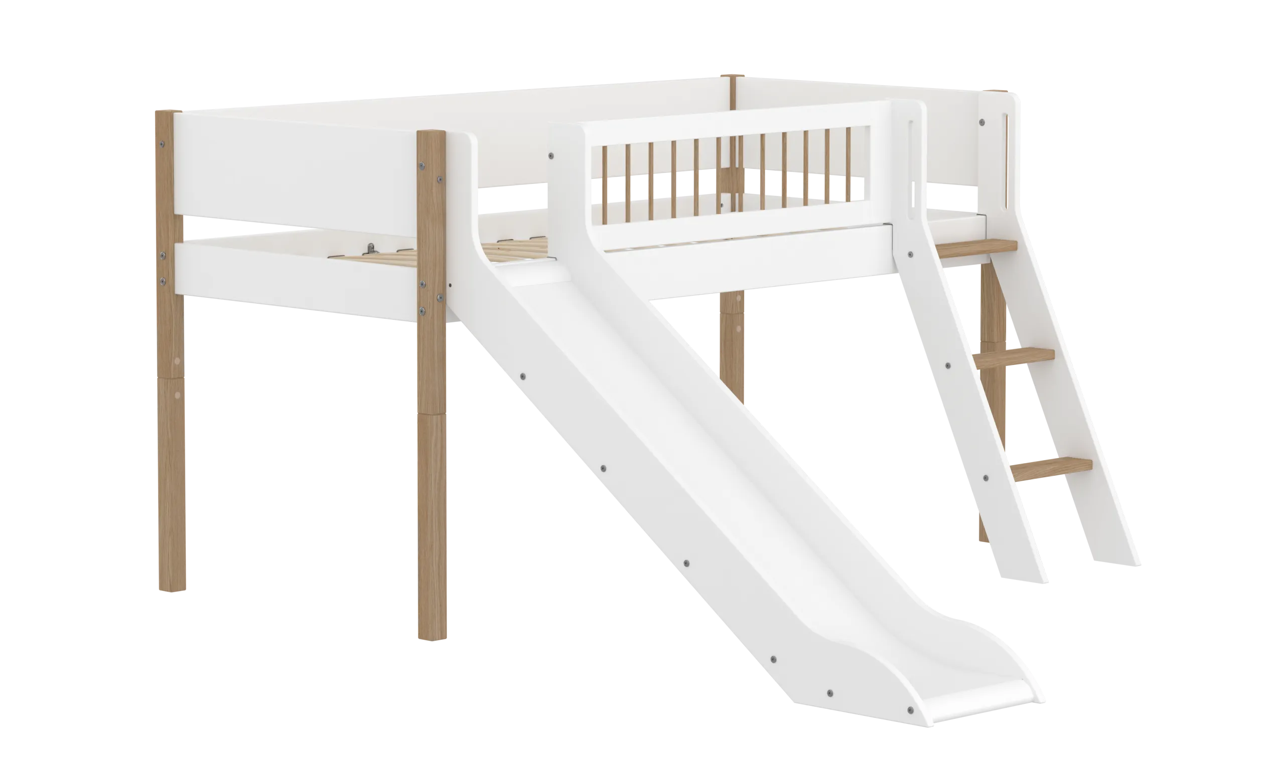 Mid-High Bed with Slide, Ladder and Safety Rail, 90x200 cm, White/Oak