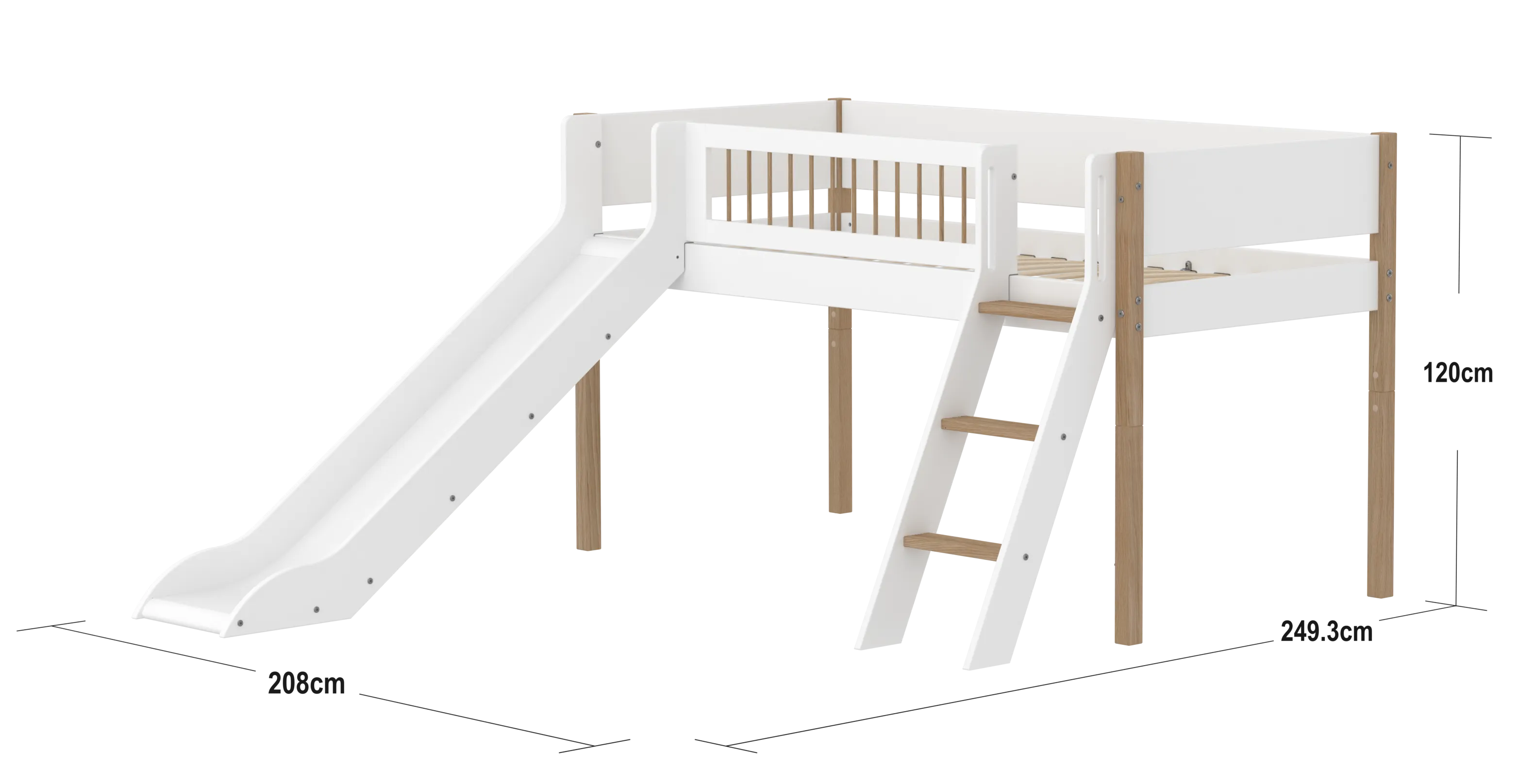 Mid-High Bed with Slide, Ladder and Safety Rail, 90x200 cm, White/Oak