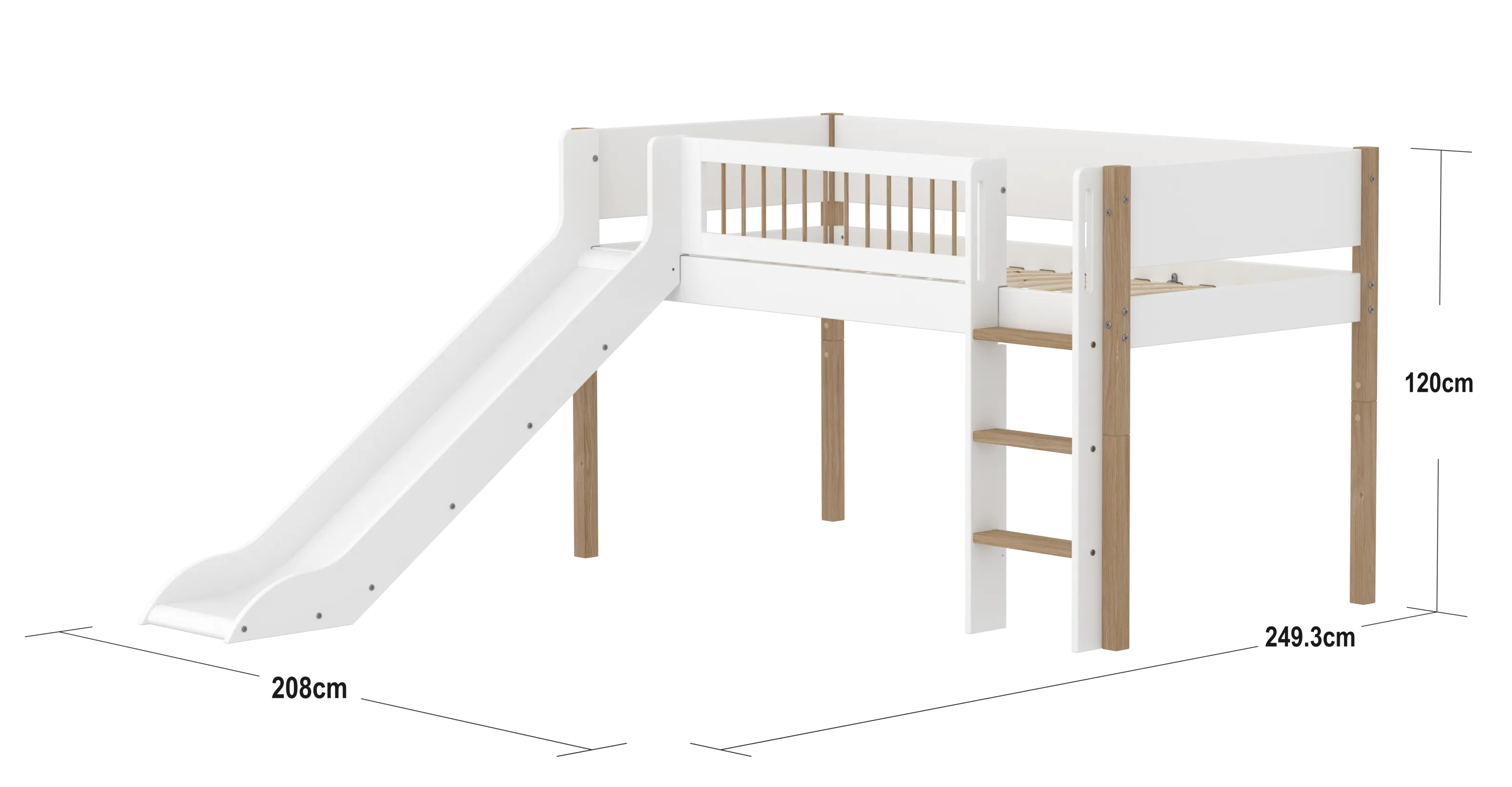 Mid-High Bed with Slide, Ladder and Safety Rail, 90x200 cm, White/Oak