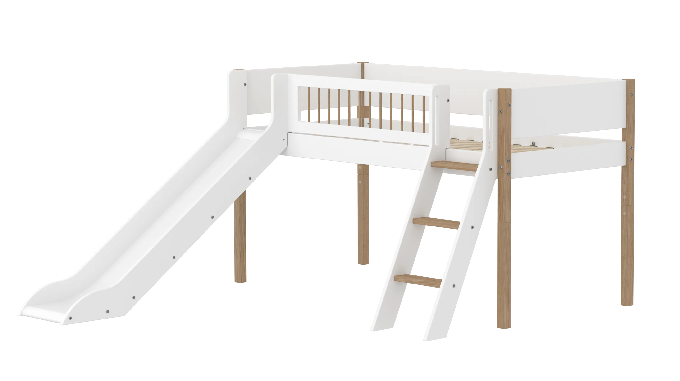 Mid-High Bed with Slide, Ladder and Safety Rail, 90x200 cm, White/Oak