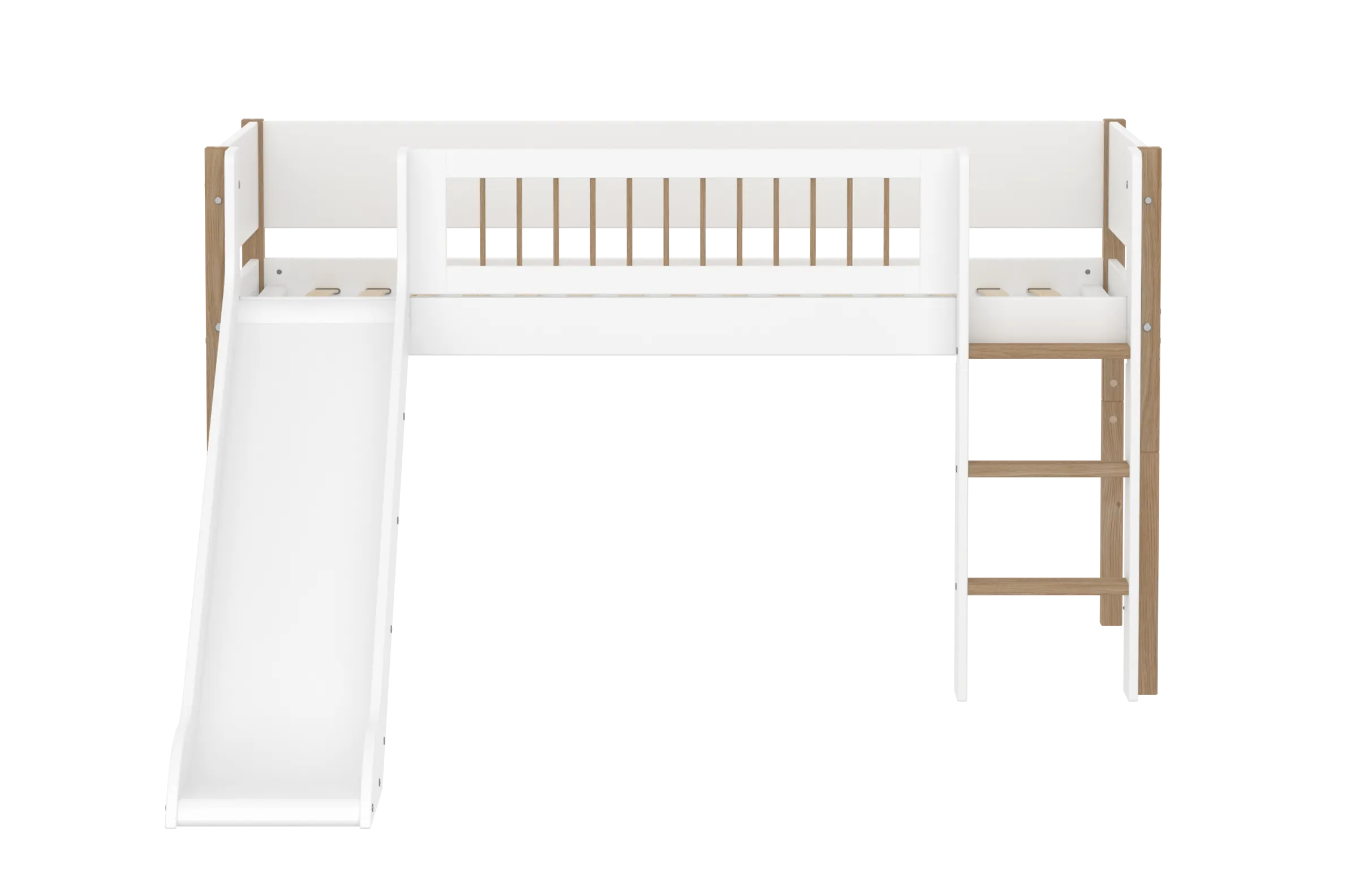 Mid-High Bed with Slide, Ladder and Safety Rail, 90x200 cm, White/Oak