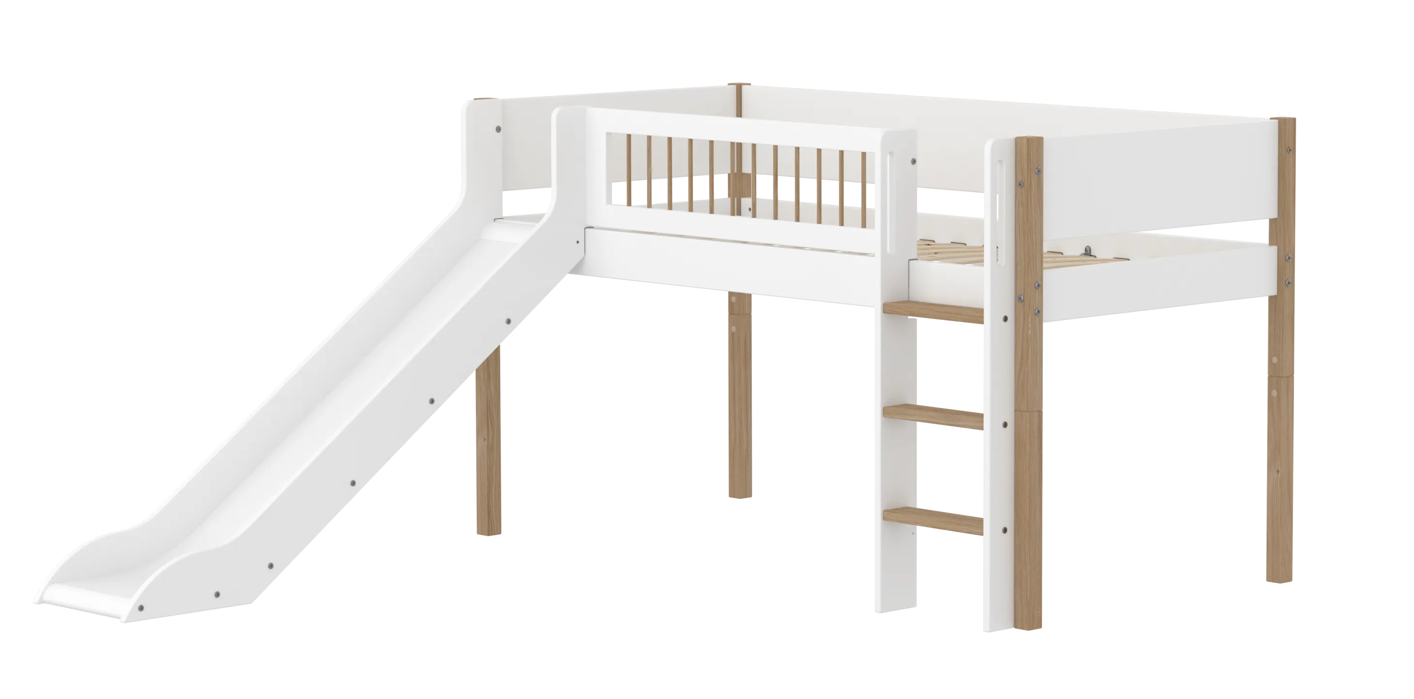 Mid-High Bed with Slide, Ladder and Safety Rail, 90x200 cm, White/Oak