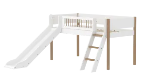 Mid-High Bed with Slide, Ladder and Safety Rail, 90x200 cm, White/Oak