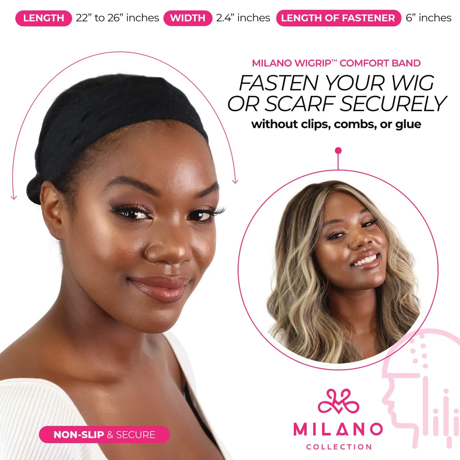 MILANO COLLECTION WiGrip, The Original Comfort Grip Band, Adjustable Wig Bands for Women Provides Glueless Support, Non-Slip Wig Grip Headbands for Women Tension-Free, One Size Fits All, Black, 3 Pack
