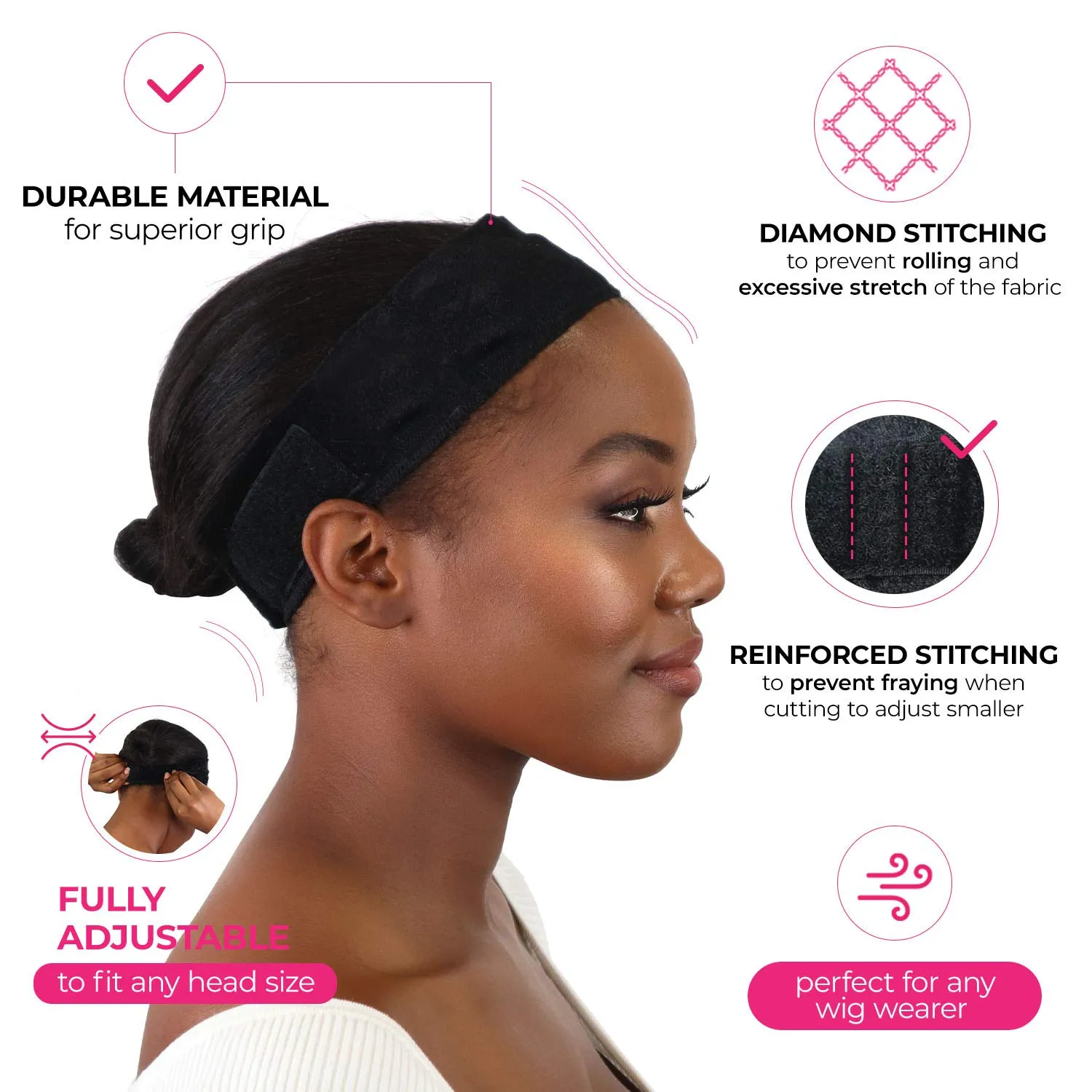 MILANO COLLECTION WiGrip, The Original Comfort Grip Band, Adjustable Wig Bands for Women Provides Glueless Support, Non-Slip Wig Grip Headbands for Women Tension-Free, One Size Fits All, Black, 3 Pack