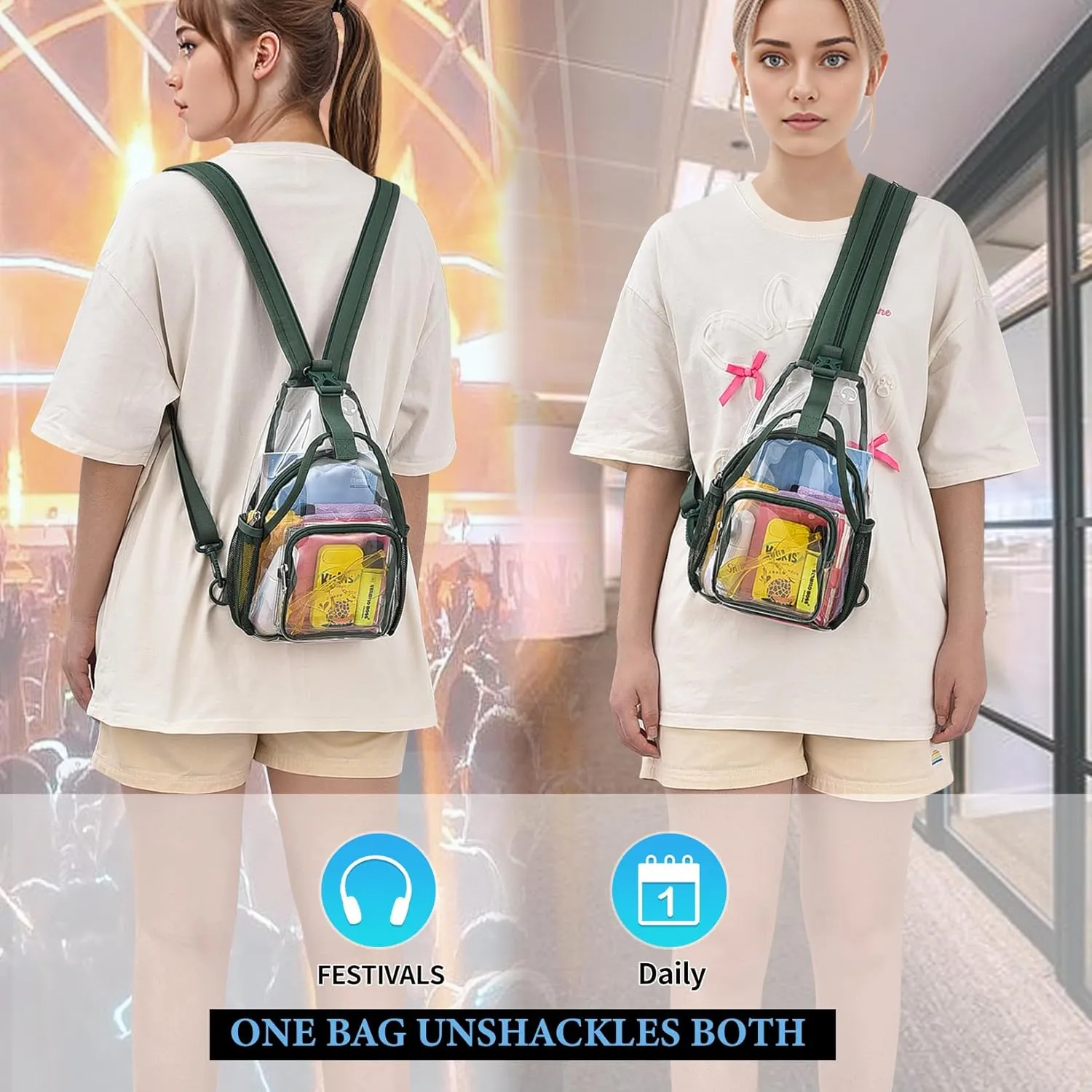 Mildbeer Mini Clear Backpack for Women - 2-in-1 Convertible Sling & Shoulder Bag, Stadium Approved Clear Festival Purse for Concerts & Daily, Green