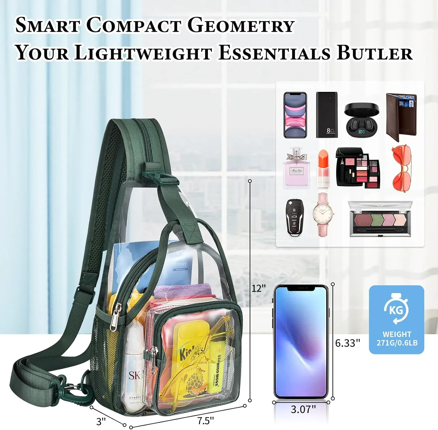Mildbeer Mini Clear Backpack for Women - 2-in-1 Convertible Sling & Shoulder Bag, Stadium Approved Clear Festival Purse for Concerts & Daily, Green