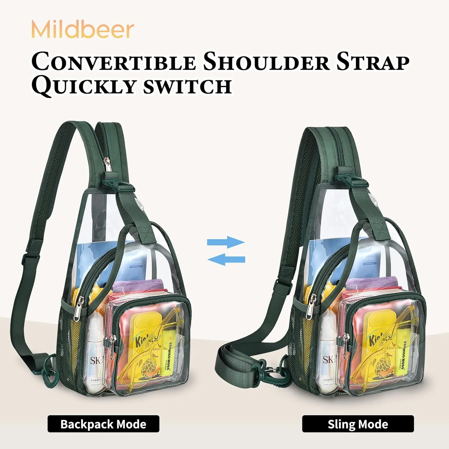 Mildbeer Mini Clear Backpack for Women - 2-in-1 Convertible Sling & Shoulder Bag, Stadium Approved Clear Festival Purse for Concerts & Daily, Green