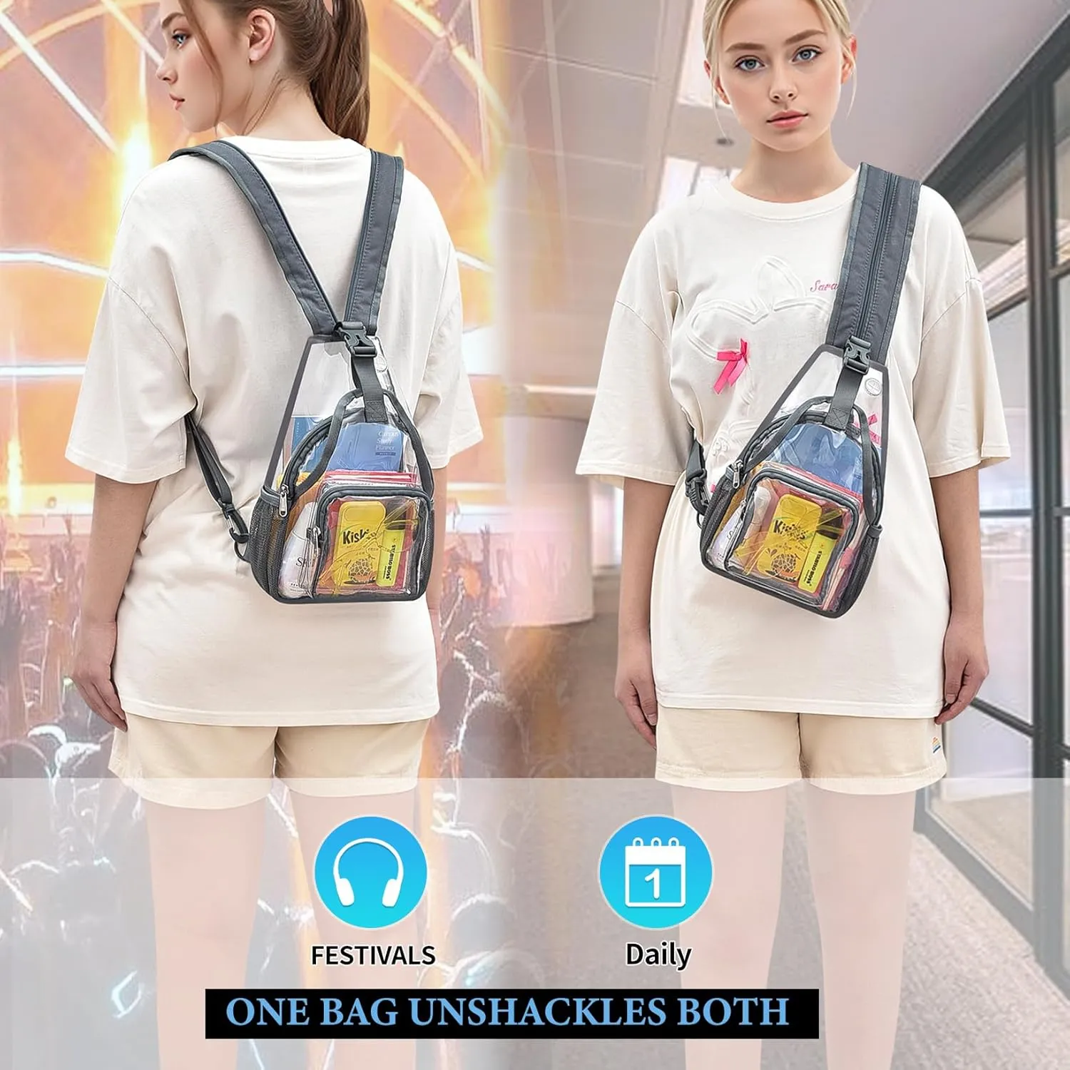 Mildbeer Mini Clear Backpack for Women - 2-in-1 Convertible Sling & Shoulder Bag, Stadium Approved Clear Festival Purse for Concerts & Daily, Grey