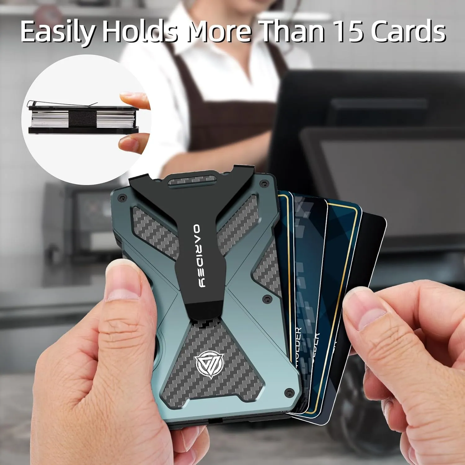 Minimalist Wallet for Men- Slim Aluminum Metal Money Clip Wallet with Clear ID Card Holder, Carbon Fiber Wallet, RFID Blocking,Holds up 15 Cards with Cash Clip,Ultra-Thin Tactical Wallet-Gradient Grey