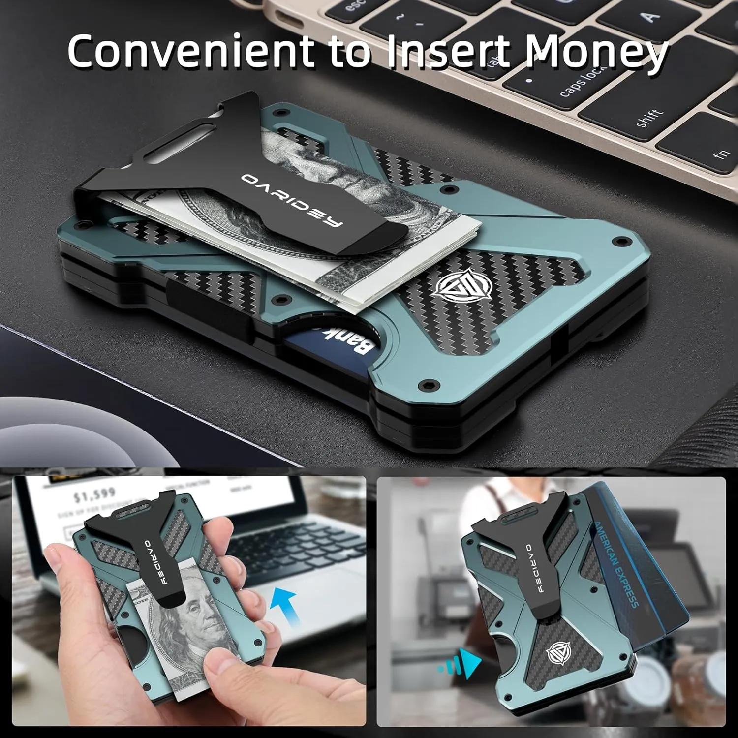 Minimalist Wallet for Men- Slim Aluminum Metal Money Clip Wallet with Clear ID Card Holder, Carbon Fiber Wallet, RFID Blocking,Holds up 15 Cards with Cash Clip,Ultra-Thin Tactical Wallet-Gradient Grey