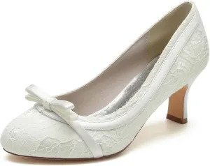 Minishion Bridal Shoes for Wedding Womens Slip-on Lace Evening Prom Pumps with Bowknot BR113