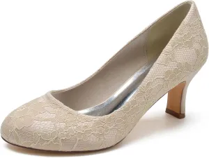 Minishion Ladies Wedding Dress Shoes Slip on Floral Lace Evening Formal Pumps BR115