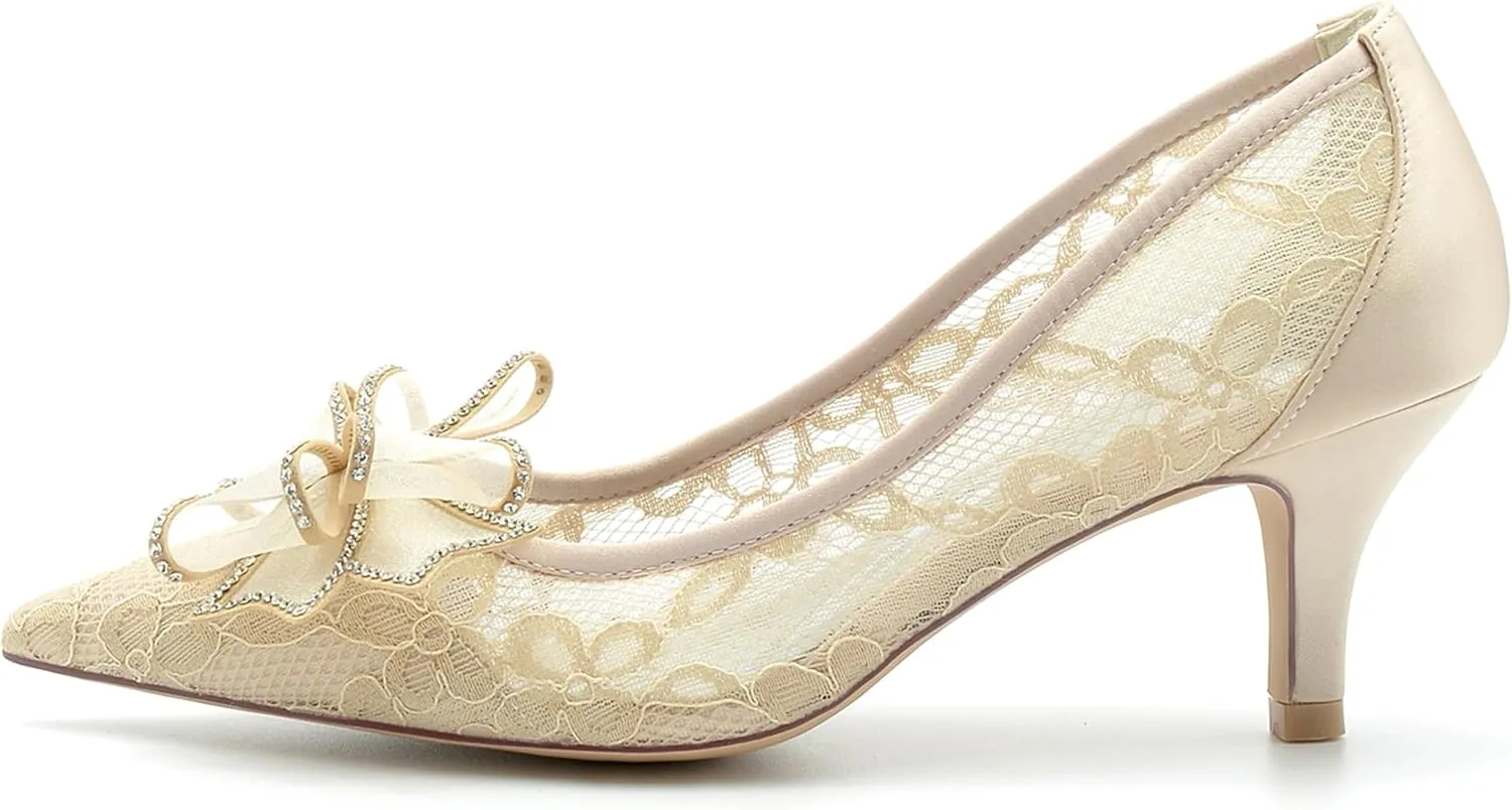 Minishion Womens Slip on Wedding Shoes Lace Pointed Toe Evening Formal Pumps with Bows BR047