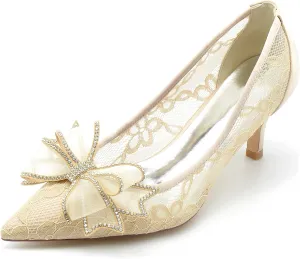 Minishion Womens Slip on Wedding Shoes Lace Pointed Toe Evening Formal Pumps with Bows BR047