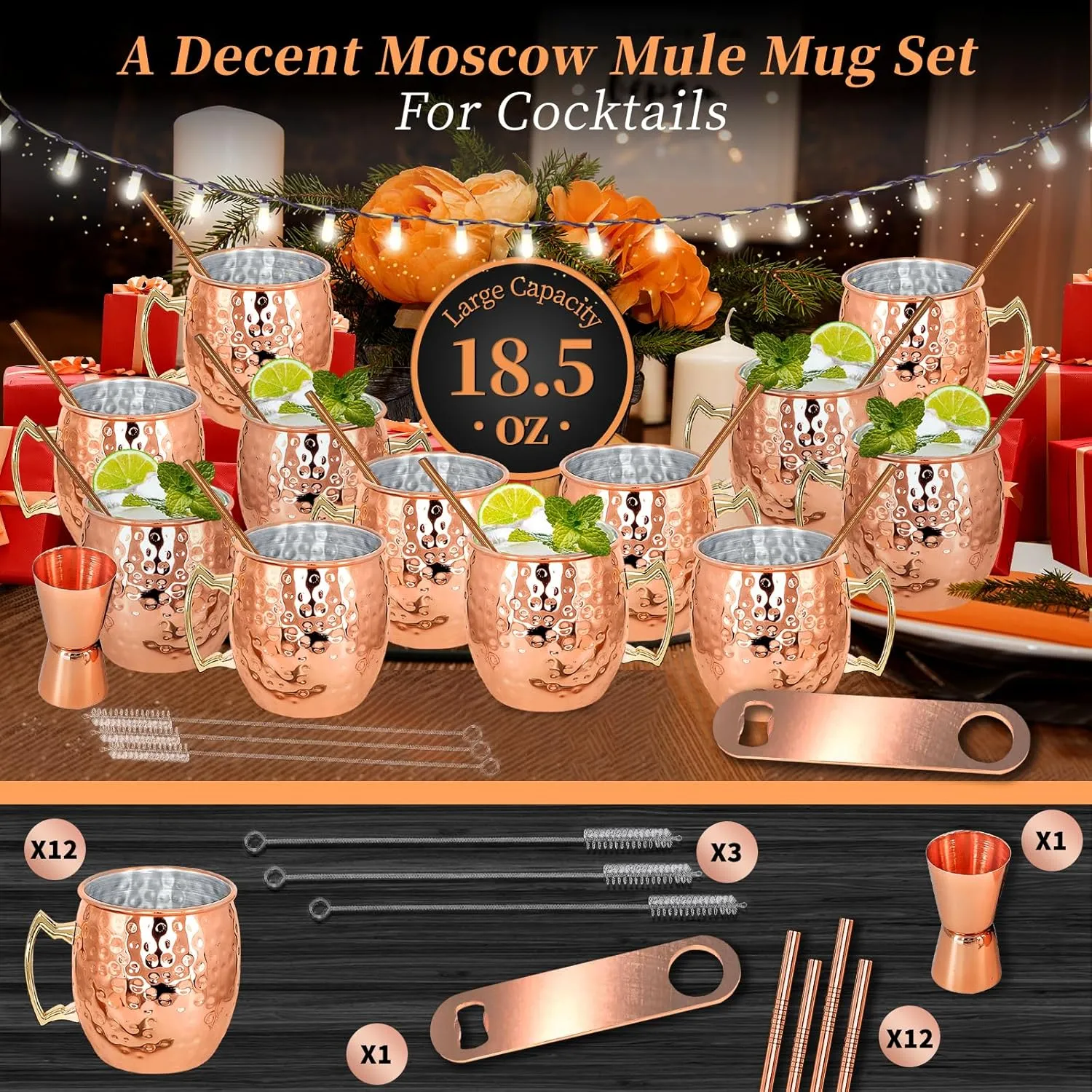 Moscow Mule Copper Mugs Set of 12 Plated Copper Mule Mugs 18oz Bulk Large Hammered Stainless Steel Cups with 1pcs 0.5oz Double Jigger 12pcs Stainless Steel Straws for Cold Chilled Drinks Cocktails