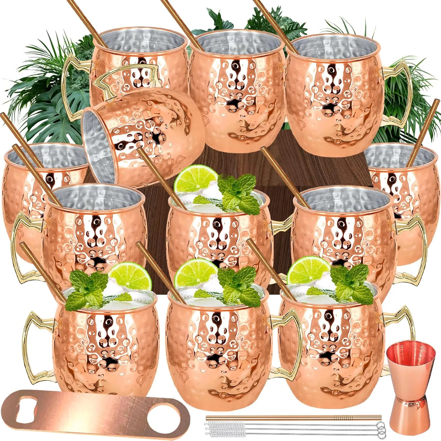 Moscow Mule Copper Mugs Set of 12 Plated Copper Mule Mugs 18oz Bulk Large Hammered Stainless Steel Cups with 1pcs 0.5oz Double Jigger 12pcs Stainless Steel Straws for Cold Chilled Drinks Cocktails