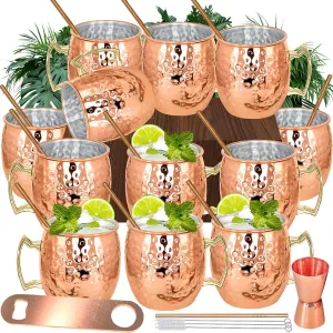Moscow Mule Copper Mugs Set of 12 Plated Copper Mule Mugs 18oz Bulk Large Hammered Stainless Steel Cups with 1pcs 0.5oz Double Jigger 12pcs Stainless Steel Straws for Cold Chilled Drinks Cocktails