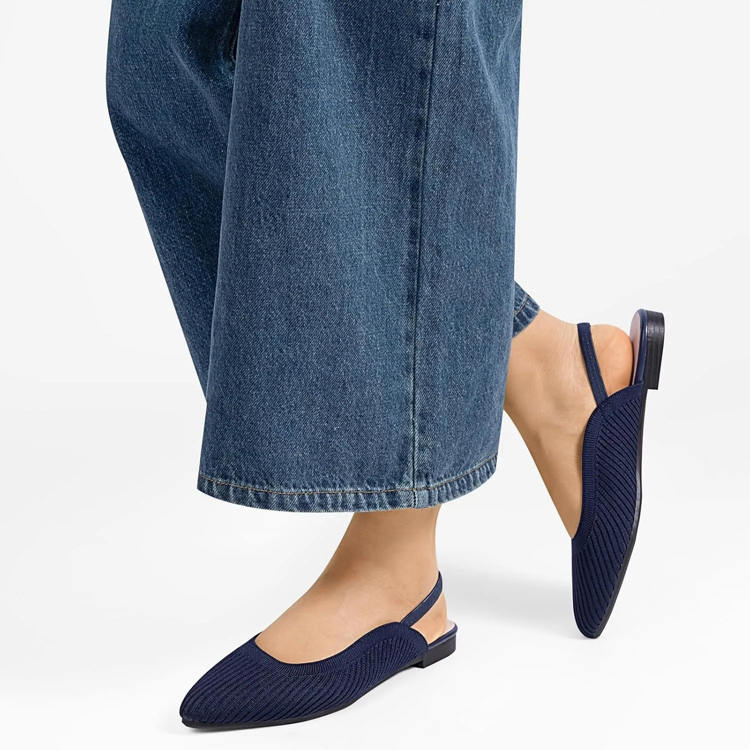 MUSSHOE Women's Blue Mesh Slingback Flats - Pointed Toe, Peep Toe, Slip On, Flat Heel, Casual Office Shoes