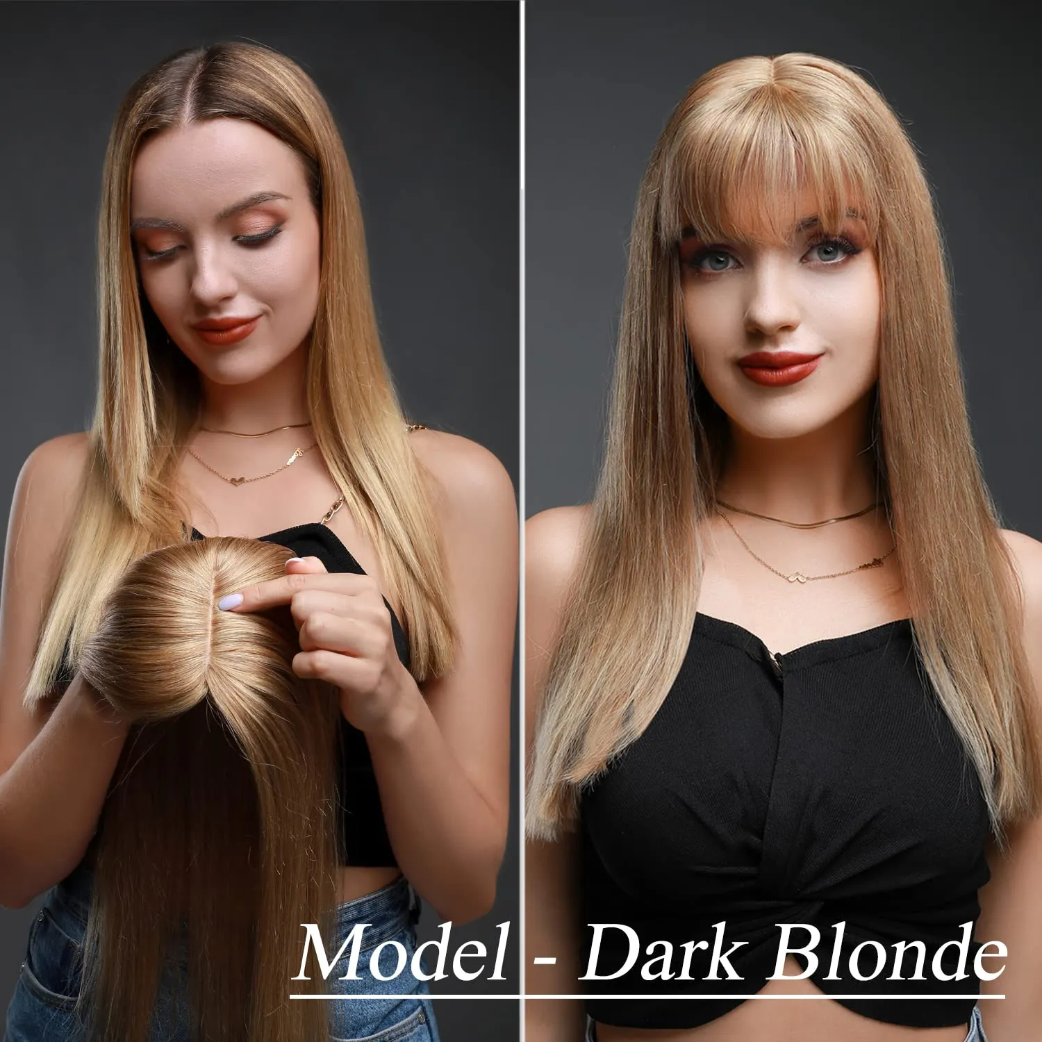 MY-LADY Human Hair Toppers for Women Real Human Hair for Thinning Hair 7 * 13CM Silk Base Hairpieces with Bangs 150% Density Clip in Remy Hair Piece 14 Inch #12/613 Golden Brown & Bleach Blonde