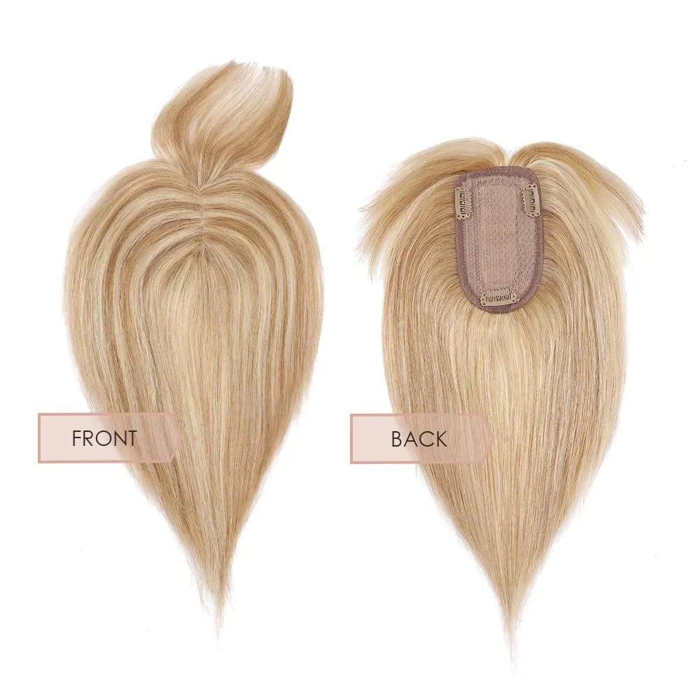 MY-LADY Human Hair Toppers for Women Real Human Hair for Thinning Hair 7 * 13CM Silk Base Hairpieces with Bangs 150% Density Clip in Remy Hair Piece 14 Inch #12/613 Golden Brown & Bleach Blonde