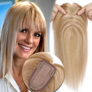 MY-LADY Human Hair Toppers for Women Real Human Hair for Thinning Hair 7 * 13CM Silk Base Hairpieces with Bangs 150% Density Clip in Remy Hair Piece 14 Inch #12/613 Golden Brown & Bleach Blonde