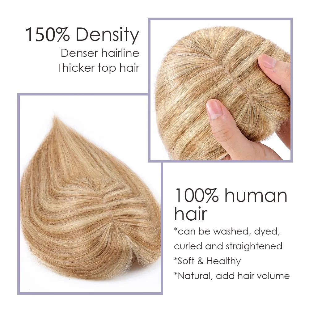 MY-LADY Human Hair Toppers for Women Real Human Hair for Thinning Hair 7 * 13CM Silk Base Hairpieces with Bangs 150% Density Clip in Remy Hair Piece 14 Inch #12/613 Golden Brown & Bleach Blonde