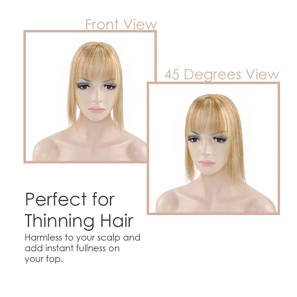 MY-LADY Human Hair Toppers for Women Real Human Hair for Thinning Hair 7 * 13CM Silk Base Hairpieces with Bangs 150% Density Clip in Remy Hair Piece 14 Inch #12/613 Golden Brown & Bleach Blonde