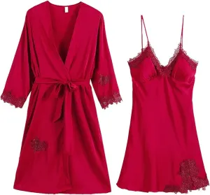 New Women Sexy Two-Piece Satin Pajamas Nightgown and Slip Dress Women Bathrobe Sleepwear Ladies Home Clothing(L)