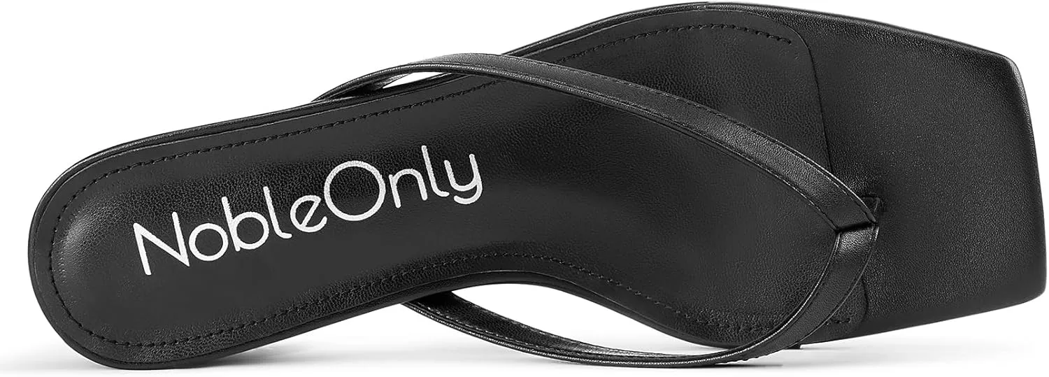 NobleOnly Women's Flip Flop Heels Thong Sandals Heeled Mules for Women Square Open Toe Low Kitten Heels Dress Casual 1.4 Inches Sandals