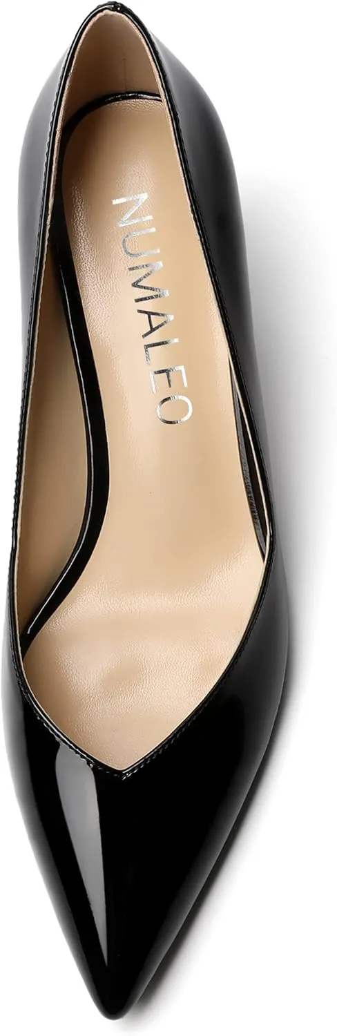 NUMALEO Womens Pointed Toe Patent Dress Slip On Wedding Solid Spool Mid Heel Pumps Shoes 2.5 Inch