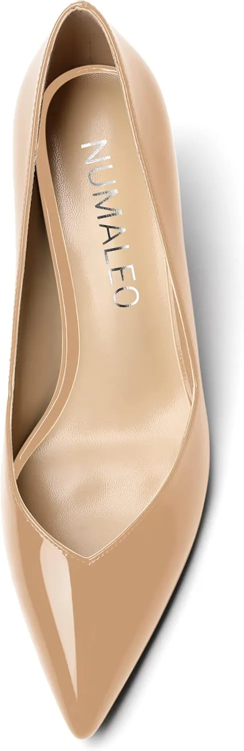 NUMALEO Womens Pointed Toe Patent Dress Slip On Wedding Solid Spool Mid Heel Pumps Shoes 2.5 Inch