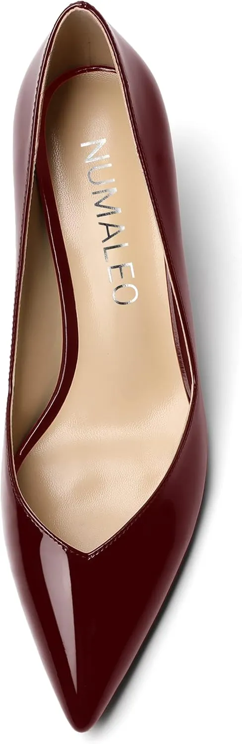 NUMALEO Womens Pointed Toe Patent Dress Slip On Wedding Solid Spool Mid Heel Pumps Shoes 2.5 Inch