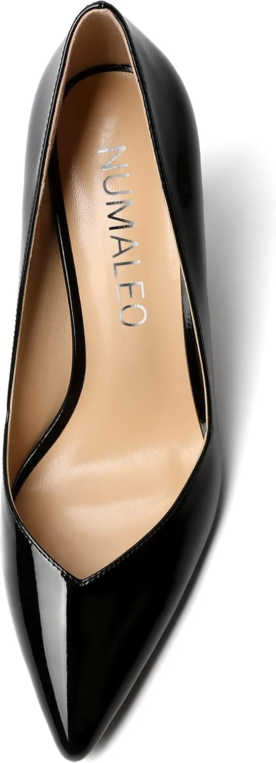 NUMALEO Womens Slip On Dress Solid Pointed Toe Dating Patent Spool High Heel Pumps Shoes 3.3 Inch