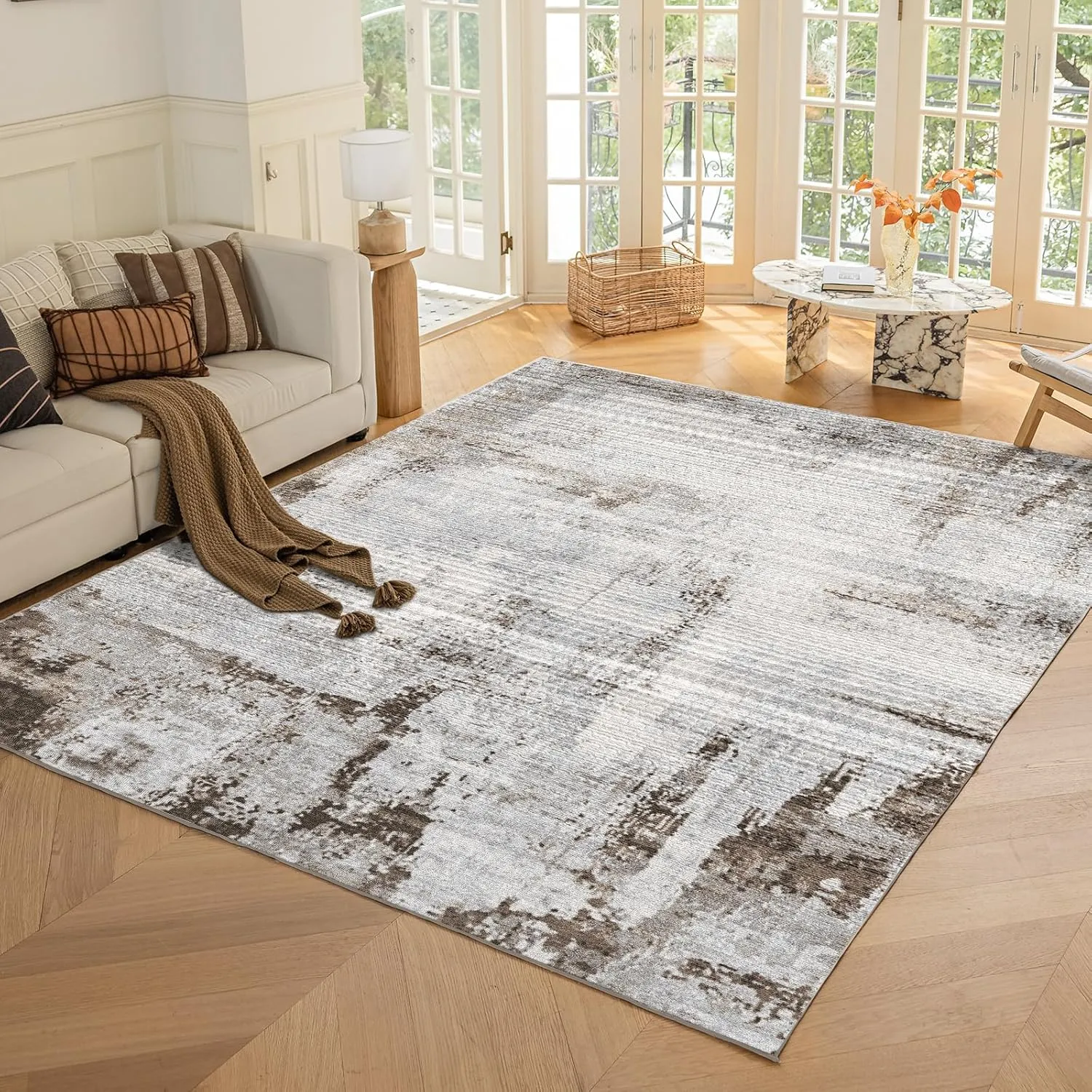 OMERAI Washable Rug 5'x7' Abstract Machine Washable Rugs Ultra-Thin Area Rugs for Living Room Non Slip Stain Resistant Modern Carpet for Bedroom Dining Room Office Kitchen Brown Rug Washable