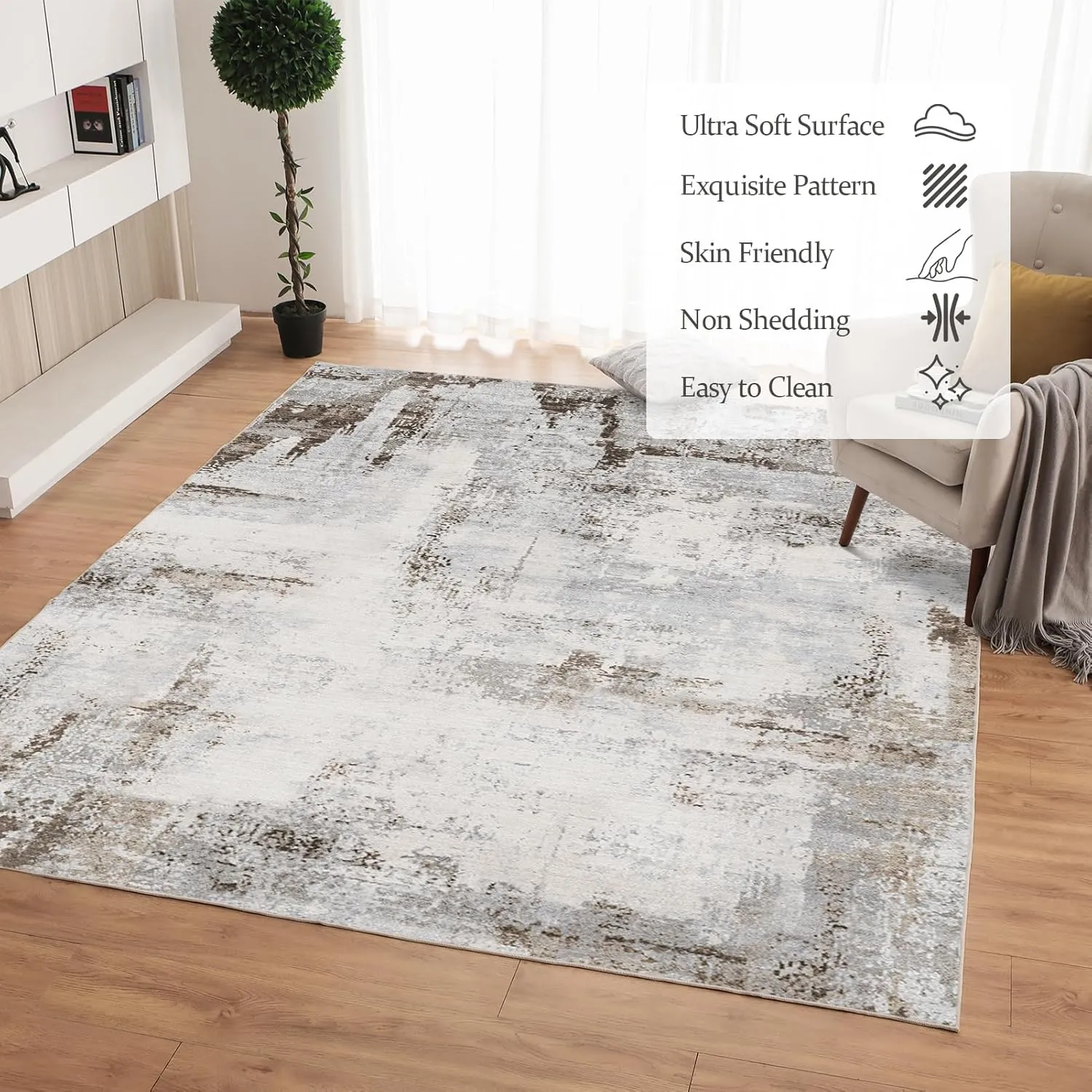 OMERAI Washable Rug 5'x7' Abstract Machine Washable Rugs Ultra-Thin Area Rugs for Living Room Non Slip Stain Resistant Modern Carpet for Bedroom Dining Room Office Kitchen Brown Rug Washable