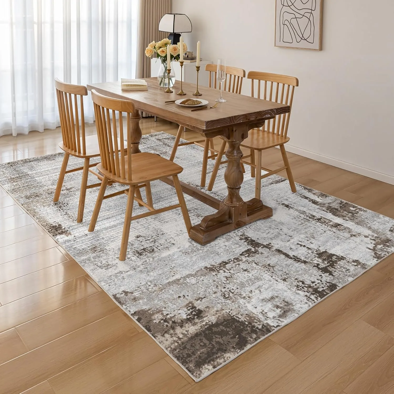 OMERAI Washable Rug 5'x7' Abstract Machine Washable Rugs Ultra-Thin Area Rugs for Living Room Non Slip Stain Resistant Modern Carpet for Bedroom Dining Room Office Kitchen Brown Rug Washable