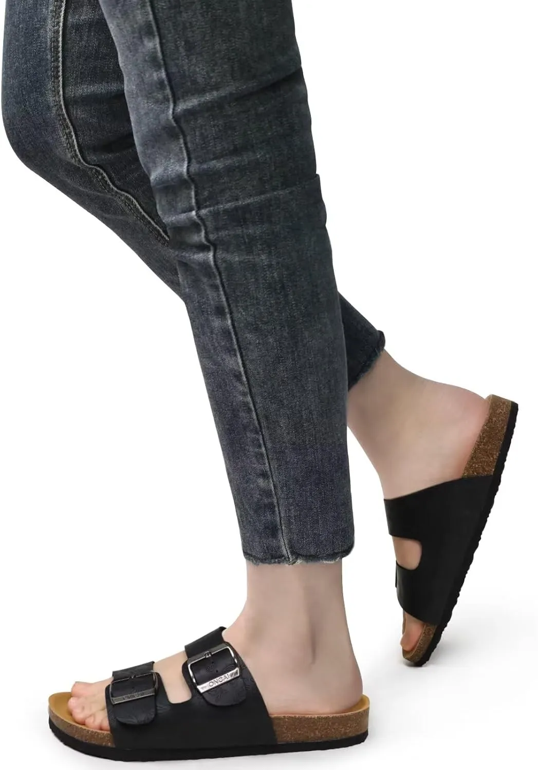 ONCAI Womens Flat Slide Sandals with Arch Support 2 Strap Adjustable Buckle Slip on Slides Shoes Non Slip Rubber Sole